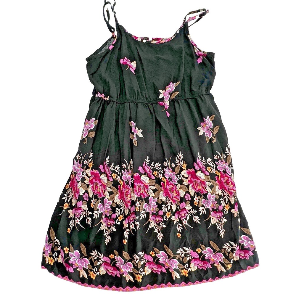 Womens 1XL Black Pink Floral Sundress Adjustable Straps Lightweight Stretch